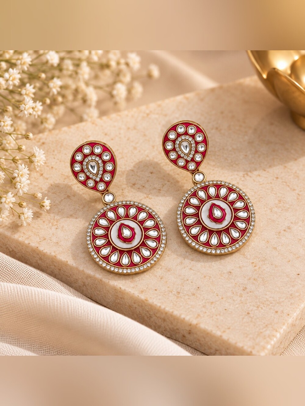 Red Meenakari Kundan Statement Earrings | Gold Tone Indian Wedding Earrings